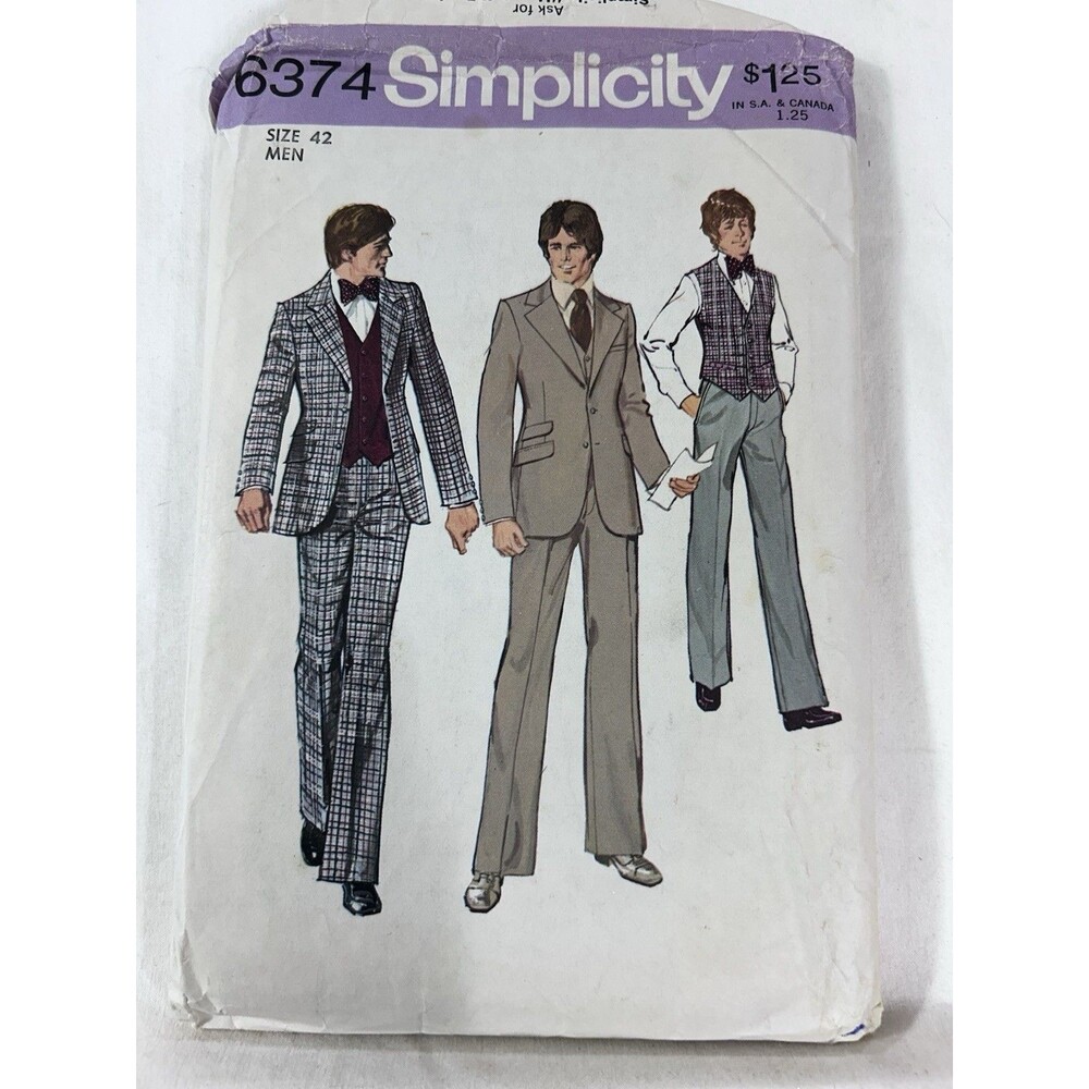 Vintage Simplicity 6374 Men's Suit Jacket Vest Pants Pattern Sz 42 CUT OOP